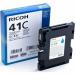 The photo shows a pack of Ricoh ink cartridges in vibrant cyan color. The cartridges are gel-based and specifically designed for the Ricoh SG2100 printer. The package features the Ricoh logo and the product name.