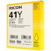 The picture shows a bright yellow Ricoh ink cartridge with the label SG2100 Gel Ink Hi Yld on the side. The cartridge features the GC41 technology and has a capacity of 405764. A black nozzle can be seen at the bottom of the cartridge.