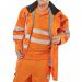 In the photograph, a group of orange high visibility jackets from Beeswift are displayed on a hanger. The jackets are multifunctional, with multiple pockets and reflective strips. The brand name and jacket size are visible in the bottom corner of the image.
