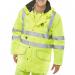 The photo shows a bright yellow Beeswift high visibility jacket with the brand name clearly visible on the chest and back. It has multiple zippered pockets and a reflective strip across the chest. The jacket appears to be well-made and durable, with breathable mesh panels on the sides.