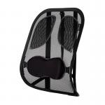 The picture shows a Professional Series Mesh Back Support by Fellowes, designed to provide relief and support to the lower back. Made of durable mesh material, the product features adjustable straps and a sleek, modern design. It is a must-have for any office setting.