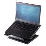 The Fellowes Laptop Stands Designer Suites Laptop Riser is a sleek and modern addition to any workspace. The riser is made from sturdy material and has a sleek black finish. It features an adjustable height and angle, making it perfect for comfortable typing and viewing. The riser also has open sides for maximum airflow and a cable management system to keep your desk organized.
