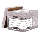 A stack of 10 durable Bankers Box System Heavy Duty R-Kive Boxes, each measuring 333x285x390mm, is pictured. The boxes are made from FSC certified materials and feature a sleek design with the Bankers Box logo on the side. Perfect for storing and organizing documents.