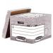 A stack of 10 durable Bankers Box System Heavy Duty R-Kive Boxes, each measuring 333x285x390mm, is pictured. The boxes are made from FSC certified materials and feature a sleek design with the Bankers Box logo on the side. Perfect for storing and organizing documents.