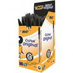 The photograph shows a pack of 50 Bic Cristal black medium ballpoint pens. The pens have a sleek, cylindrical design with a clear plastic cap. The ink color is a deep black, providing bold and smooth writing. Each pen has a comfortable grip for easy use. The pack is neatly arranged, with all 50 pens visible and ready for use.