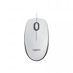 The image shows a white Logitech M100 USB mouse, with the Logitech logo printed on the top. It has a sleek, curved design and features a scroll wheel and left and right click buttons. The USB cord is visible at the bottom of the mouse. It would be a functional and stylish addition to any computer setup.