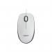 The image shows a white Logitech M100 USB mouse, with the Logitech logo printed on the top. It has a sleek, curved design and features a scroll wheel and left and right click buttons. The USB cord is visible at the bottom of the mouse. It would be a functional and stylish addition to any computer setup.