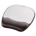 This photo features a silver streak Fellowes mouse mat with memory foam and a supportive wrist rest. The sleek and modern design will add a touch of style to any workspace. The soft and cushioned surface provides comfort and helps reduce wrist strain while using the computer.