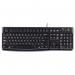 The image shows a sleek, black Logitech K120 keyboard with a corded USB connection and Qwerty English layout. It features the Logitech logo and prominent keys for typing.