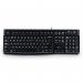 The photo shows a sleek black Logitech keyboard with the logo in white. The keys are arranged in a traditional QWERTY layout and there is a thin cord attached for connection. The keyboard looks modern and professional, perfect for business use. The packaging appears to be OEM.