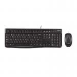 In the photograph, there is a sleek black Logitech keyboard and matching mouse set displayed on a clean white background. The keyboard has full-sized keys with a numeric keypad, while the optical mouse has a smooth, contoured shape for comfortable use. Both devices feature the Logitech logo and are connected with black cords.