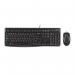 In the photograph, there is a sleek black Logitech keyboard and matching mouse set displayed on a clean white background. The keyboard has full-sized keys with a numeric keypad, while the optical mouse has a smooth, contoured shape for comfortable use. Both devices feature the Logitech logo and are connected with black cords.