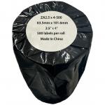 The picture shows a roll of CTS label tapes compatible with Zebra printers. The label roll is white in color and measures 63.5mm x 101.6mm, with 500 labels per roll. It has a core of 25mm and the item code is 97910011.
