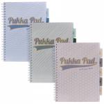 The image shows a Pukka Pukka Pad Haze Project Book. It is A4 size and wirebound with 200 ruled sheets of 80GSM paper. The book has three repositionable dividers and comes in assorted colors.