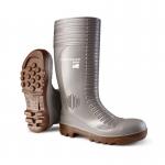 The image shows a pair of Acifort Wellington boots by Dunlop. They are a dark grey color and have the brands logo on the side. The boots appear to be made of a waterproof material and have a full safety design.