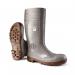 The image shows a pair of Acifort Wellington boots by Dunlop. They are a dark grey color and have the brands logo on the side. The boots appear to be made of a waterproof material and have a full safety design.