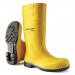 In the photo, a pair of yellow Acifort Wellington boots by Dunlop can be seen. The heavy duty full safety design is evident, with steel toe caps and an easy-to-clean exterior. These boots are ideal for tough work environments or outdoor activities.