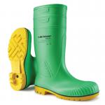 This picture features a pair of Acifort Wellington Boots by Dunlop. The boots are full safety green boots with a steel toe cap. They are size 08 and are part of the Hazguard series. The design is sleek and sturdy, making them a durable choice for any outdoor work. These boots provide both protection and comfort for the wearer.