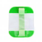 In the photo, the Click Medical First Aid Supplies Click Medical Identification Armband in green is displayed. The armband has a clear window for holding ID cards and features the Click Medical logo. It appears durable and suitable for medical use.