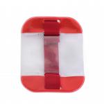 This photograph shows a red Click Medical Identification Armband with the words Click Medical First Aid Supplies printed on the band. The armband is securely fastened and ready to be worn.
