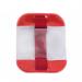 This photograph shows a red Click Medical Identification Armband with the words Click Medical First Aid Supplies printed on the band. The armband is securely fastened and ready to be worn.