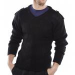 The image shows a black V-neck sweater made with acrylic material, designed by Beeswift for military use. It has a sleek and modern look, featuring a soft and comfortable texture. The M size fits perfectly on the model, showcasing the high quality and craftsmanship of the sweater.