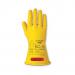 The photo shows a pair of Ansell LOW VOLTAGE ELECTRICAL INSULATING GLOVES (CLASS 0) in size 9L. The gloves are yellow and cover the hands up to the wrist. They have a brand name and product name, along with size, printed on the back. The gloves are made for electrical safety and are ideal for low voltage tasks.