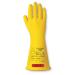 The image shows a pair of Ansell LOW VOLTAGE ELECTR INSULATING GLOVES, size 10 XL, with a length of 14 inches. These Class 0 gloves have a bright yellow color and are designed for electrical work. The gloves have the Ansell logo on the back and are made of durable material to protect the hands.