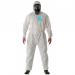 A white, 4XL-sized Microgard boilersuit from Ansell Microgard 2000, featuring a durable design with built-in protection against chemicals and other hazardous materials. The suit is made for complete coverage, with a zippered front, long sleeves, and included hood.