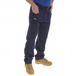 The picture shows a pair of navy blue Beeswift Action work trousers, size 42S. The material is sturdy and durable, with multiple pockets and reinforced seams for added protection. The trousers have a modern, sleek design with a comfortable fit, perfect for any work environment.
