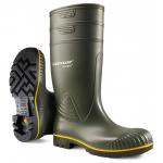 This picture features a pair of green Acifort Wellington Boots by Dunlop, specifically the Heavy Duty Safety version, in size 09. The boots have a rugged, durable appearance with reinforced steel toes and thick soles for maximum protection and comfort.