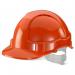 The photo shows an orange Beeswift economy vented safety helmet with the brand name Beeswift Hard Hats printed on it. The helmet has a sleek and modern design with multiple vents for airflow and a comfortable fit. It is a vibrant shade of orange and is ready to provide reliable protection for any job.