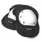 The photograph depicts a pair of Beeswift Trousers in a crisp white and black color scheme, featuring sturdy riveted caps and practical knee pads for added protection.
