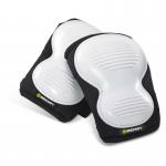 The photograph features a pair of Beeswift trousers in a crisp white and black colorway with ridged knee pads. The knee pads are made of poly material and provide added protection for the wearer. The trousers appear durable and functional, perfect for a variety of tasks.