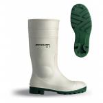 In the photo, a pair of white Beeswift PVC safety wellington boots can be seen. The boots have a durable sole and a tall, waterproof shaft. Logo and branding can be seen on the boots. These boots are great for protecting your feet in various work environments.