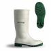 In the photo, a pair of white Beeswift PVC safety wellington boots can be seen. The boots have a durable sole and a tall, waterproof shaft. Logo and branding can be seen on the boots. These boots are great for protecting your feet in various work environments.