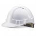 The photograph shows a white safety helmet with a wheel ratchet system from Beeswift. The helmet has vents to allow for airflow and protection from impacts. The logo Beeswift Hard Hats can be seen on the front.