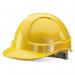 The image shows a yellow Beeswift hard hat with a ratcheting wheel and vents for safety and comfort. It is labeled with the brand name and product details.