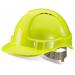 The image shows the bright yellow Beeswift Hard Hats Beeswift Comfort Vented Safety Helmet, called the Saturn Yellow BBVSHSY. It has a sleek, vented design for added comfort and safety, perfect for any construction or industrial setting.