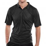 In the photo, a black Beeswift B-Cool Wicking Polo Shirt is captured, featuring the brands logo on the left side of the chest. The fabric appears lightweight and breathable, with a sleek and modern design. The Beeswift Polo Tops text can be seen above the logo in bold white font, adding a touch of sporty style to the shirt. Overall, the photo showcases a versatile and comfortable polo top perfect for active individuals.
