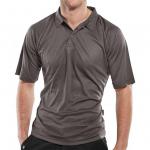 The photo features a grey XL Beeswift B-Cool Wicking Polo Shirt with the brand name Beeswift Polo Tops displayed prominently. The shirt has a professional, sporty look, with short sleeves and a collared neckline. The fabric appears lightweight and moisture-wicking.