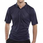 This image features a navy blue Beeswift B-Cool Polo Shirt in size large. The top is made from durable fabric and has a classic polo design, with a collar, short sleeves, and a button placket. The Beeswift logo is visible on the chest.