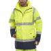 This photo features a high visibility jacket from Beeswift, with a yellow and navy two tone design. The jacket is made of breathable fabric and is size 6XL. The brand name and product details are printed on the tag.