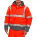 The photograph shows a group of Beeswift High Visibility Bomber Jackets in red and grey, with the label reading Beeswift Two Tone Bomber Jacket. The jackets appear to be of size 4XL. The bright colors and reflective strips make the jackets stand out for safety in any environment.