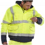 The picture shows a bright yellow and navy high visibility bomber jacket from Beeswift, with the brands logo displayed on the front. The jacket features a zip front, several pockets, and reflective strips for added safety. A perfect choice for those working in hazardous conditions.