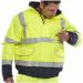 The picture shows a bright yellow and navy high visibility bomber jacket from Beeswift, with the brands logo displayed on the front. The jacket features a zip front, several pockets, and reflective strips for added safety. A perfect choice for those working in hazardous conditions.
