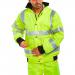 In the photo, a group of Beeswift high visibility jackets can be seen, including the Super Bomber Jacket in a bright Saturn Yellow color. The jackets appear sturdy and well-made, with reflective strips and multiple pockets.