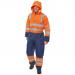 The photograph shows Beeswift High Visibility Coveralls in a bright orange and navy two tone design. The coveralls are made with thermal and waterproof materials, ensuring protection and visibility in any weather condition. The 2XL size is visible on the label.
