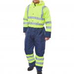 The picture shows an outfit consisting of Beeswift Thermal Overalls and Coveralls, featuring a two-tone design in Saturn Yellow and Navy. The overalls are highlighted with hi-vis accents and are waterproof to provide protection from the elements. The coverall is fully thermal to keep the wearer warm and comfortable.
