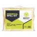 The picture shows a Beeswift spillage control Fentex chemical spill kit, with a 20L capacity. The kit includes various absorbent materials and protective gear. The bright yellow container features a large red cross and clear labels for easy identification and quick access in case of a spill.